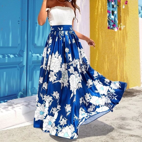 . Dresses & Skirts - Blue Boho Womens High Waist Floral Print Pleated Skirt